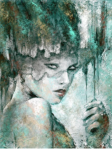 A bust of a woman, looking at the viewer with grey, blue, gold and green colors.
